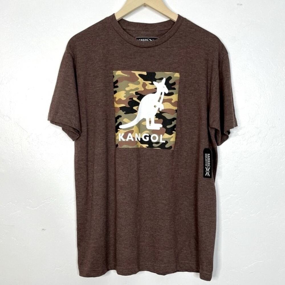 Kangol Camo Graphic Print T-Shirt Men's Medium Brown Kangaroo Logo Tee UK NEW